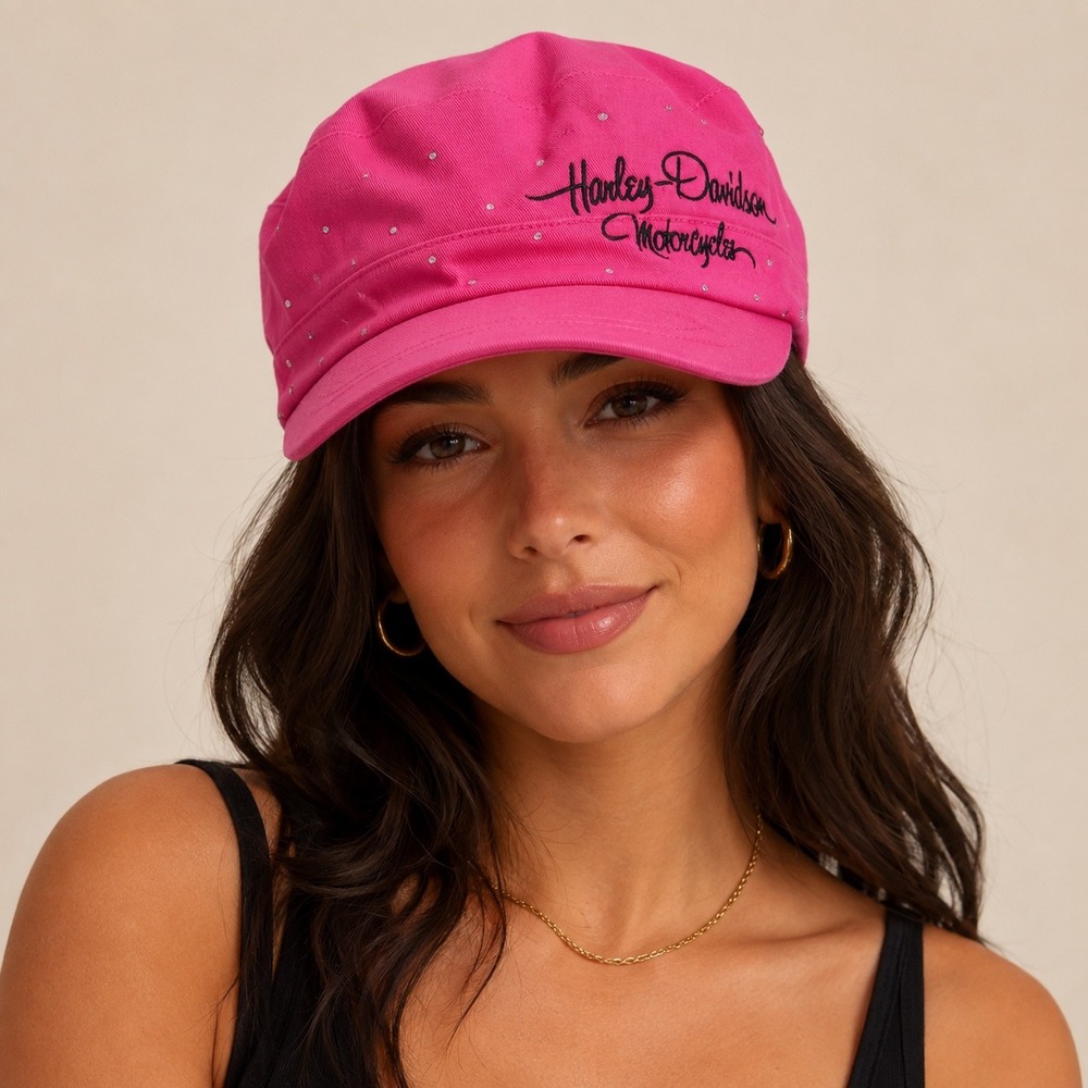 Harley Davidson Hat Women One Size Pink Cadet Cap Rhinestone Biker Military Cap